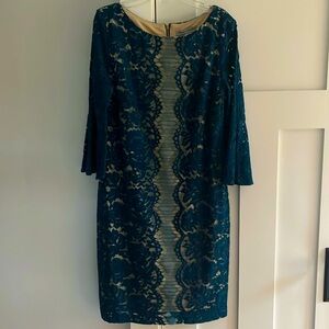 Danny and Nicole Teal Blue Lace Shift Dress Bell Sleeves Knee Length 12